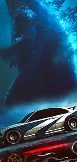 Epic mobile wallpaper of a giant monster and race car in action.