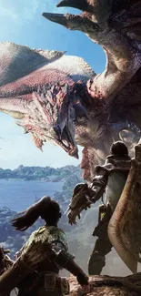 Epic dragon battle scene with warriors on a coastal backdrop in mobile wallpaper.