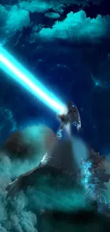 Epic monster emitting a blue energy beam in dynamic fantasy scene.