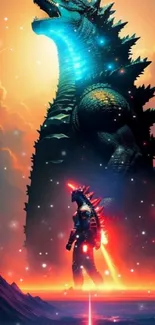 Epic monster standing tall with vibrant colors in a sci-fi fantasy backdrop.