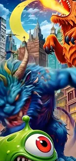Epic monster battle cityscape wallpaper.