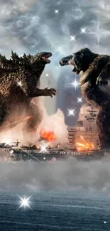 Epic monster battle over the ocean with ship explosions.