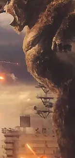 Gigantic beast towers over battleship in fiery scene.