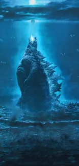 Epic blue monster emits powerful light in cinematic wallpaper.