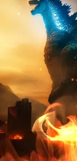 Giant creature towering over a city skyline at sunset.