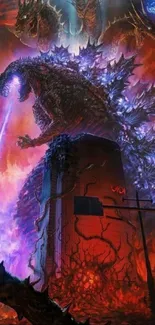 Epic fiery battle wallpaper featuring a towering monster and urban destruction.