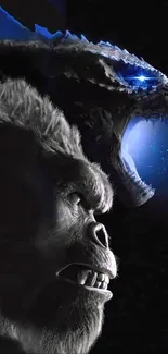 Epic showdown between a gorilla and a dragon on a mobile wallpaper.