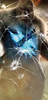 Epic monster with shattered screen effect and blue abstract art.