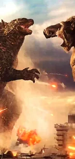 Epic monster battle scene with explosions.