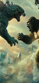 Epic clash between two giant monsters over city skyline.