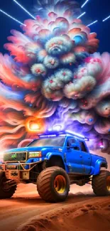 Epic blue monster truck with fiery explosions in a desert landscape.