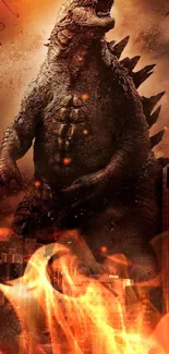 Epic monster towering over city in fiery destruction scene.