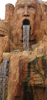 Majestic rock monument with cascading waterfalls against a clear sky.