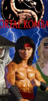 Mortal Kombat characters with dark lightning backdrop.