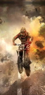 Motocross rider with helicopters and explosions in action-packed scene.