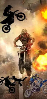 Motocross rider in action with explosions in vibrant wallpaper.