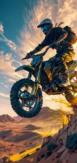 Motocross rider jumps in desert with dramatic sky and vivid scenery.