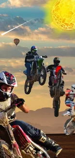 Motocross riders performing stunts under dramatic sky.