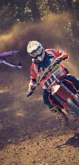 Motocross rider kicks up dirt on a challenging track, showcasing dynamic action.