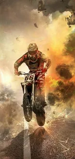 Dirt bike rider amidst dramatic explosions with helicopters overhead.