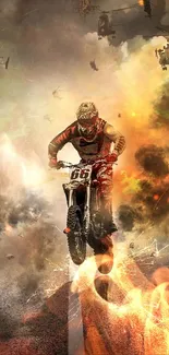 Motorcyclist rides through dramatic clouds and fiery explosions.