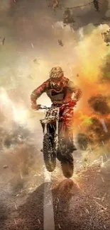 Motorcycle racing through explosions in dramatic wallpaper.