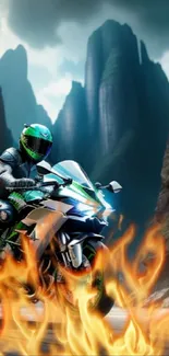 Fiery motorcycle ride through mountains with a dramatic backdrop.