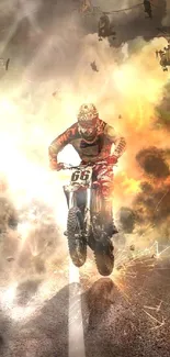 Motorcycle rider in fiery explosion scene wallpaper.