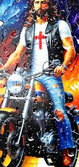 Vibrant art of a motorcycle rider in an urban setting with bright colors and dynamic style.