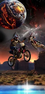Motorcyclists performing stunts against a cosmic backdrop.