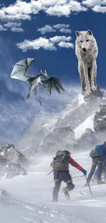 Epic scene with dragon, wolf, and climbers on a snowy mountain.