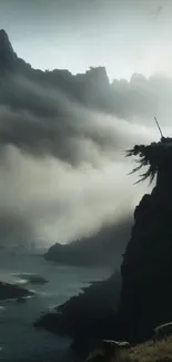 Epic mountain landscape with lone traveler and foggy peaks.