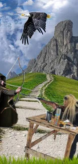 Archery scene with eagle and mountain path wallpaper.