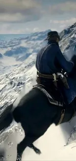 Rider on horse traversing snowy mountain peaks, adventure scene.