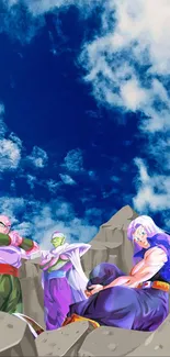 Anime characters in a mountain setting under a vibrant blue sky.