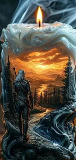 Fantasy candle with mountain sunset and hero figure.