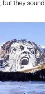 Epic mountain landscape with human-like rock face art.