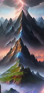 Epic mountain ridge with lightning and colorful sky.