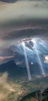 Dramatic mountain storm with sun rays piercing through the clouds.