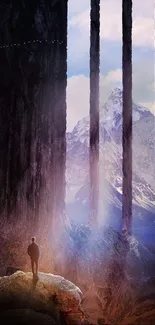 Fantasy landscape with mountain view and lone figure.