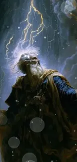 Mythical figure in stormy clouds with lightning, a dramatic fantasy scene.