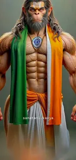 Epic warrior with tricolor drape stands front view.