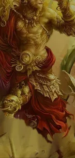 Epic mythical warrior with golden armor and red attire in vibrant artwork.