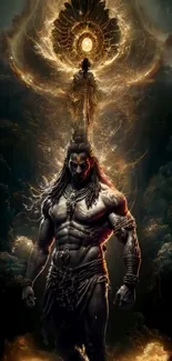 Epic mythical warrior with mystical aura background.