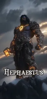 Mythical warrior standing against dramatic sky with glowing elements.
