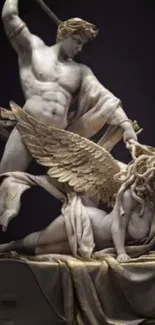 Epic mythological sculpture with dynamic pose on a dark background.