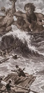 Epic illustration of giants in a dramatic ocean battle scene.