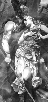 Black and white mythology art of two figures in an epic pose.