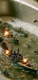 Miniature naval battle in a sink with ships and planes.