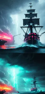 Epic naval battle in stormy seas with lightning strikes.